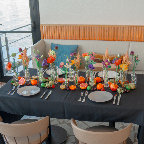 Multi Color Sets of Fresh Flowers, Elegant Glass with Mixed Tropical Fruits (Table Arrangement)