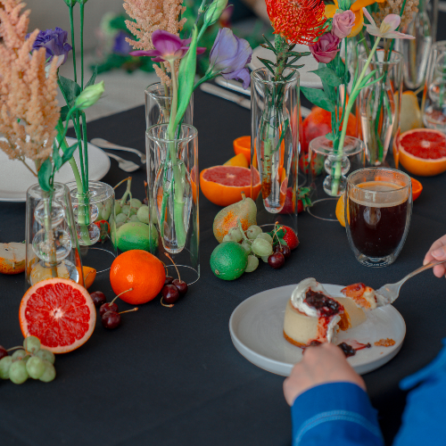 Multi Color Sets of Fresh Flowers, Elegant Glass with Mixed Tropical Fruits (Table Arrangement)