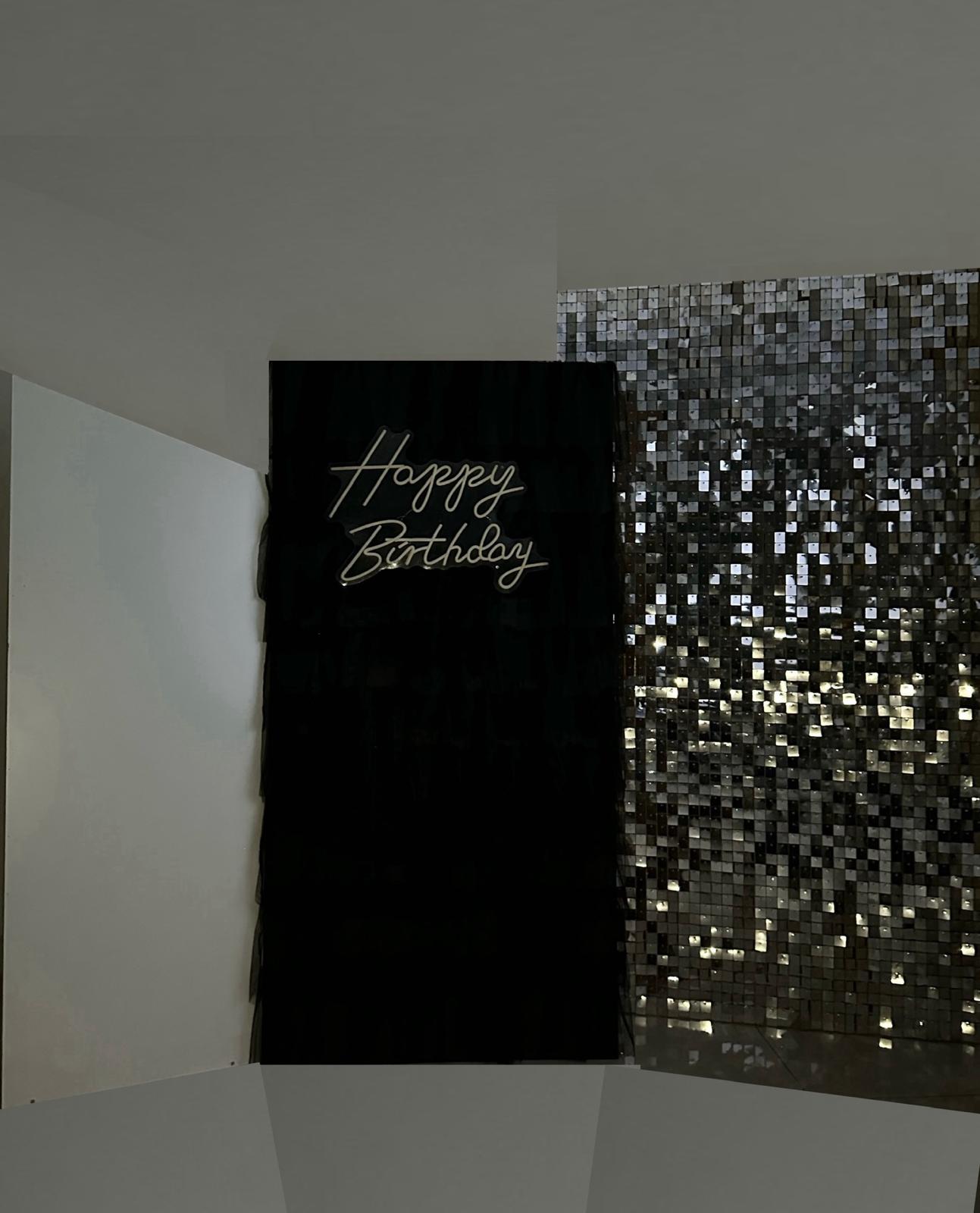 Black & Silver Birthday Theme with Neon Sign and Sequins Backdrop