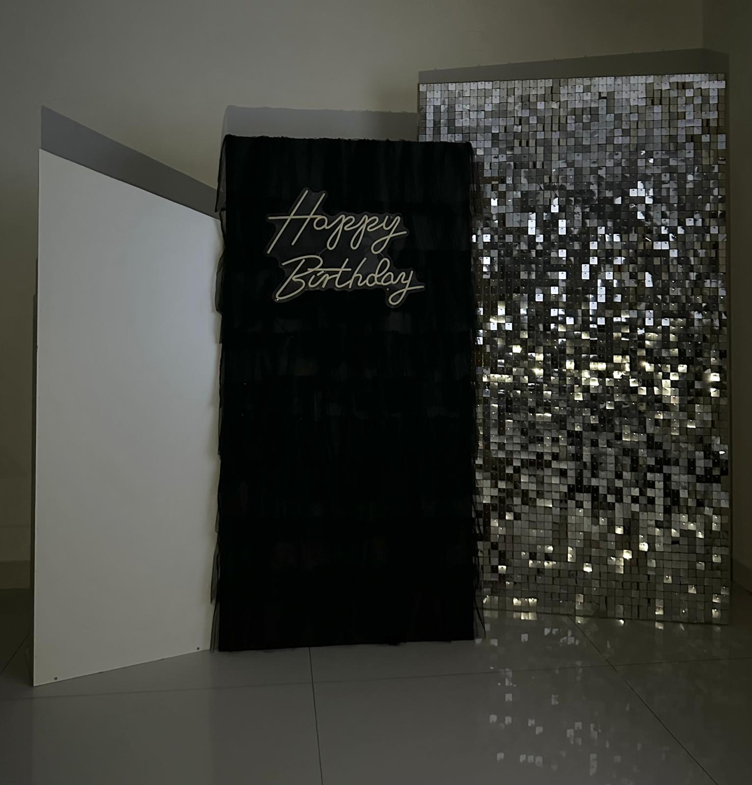 Black & Silver Birthday Theme with Neon Sign and Sequins Backdrop